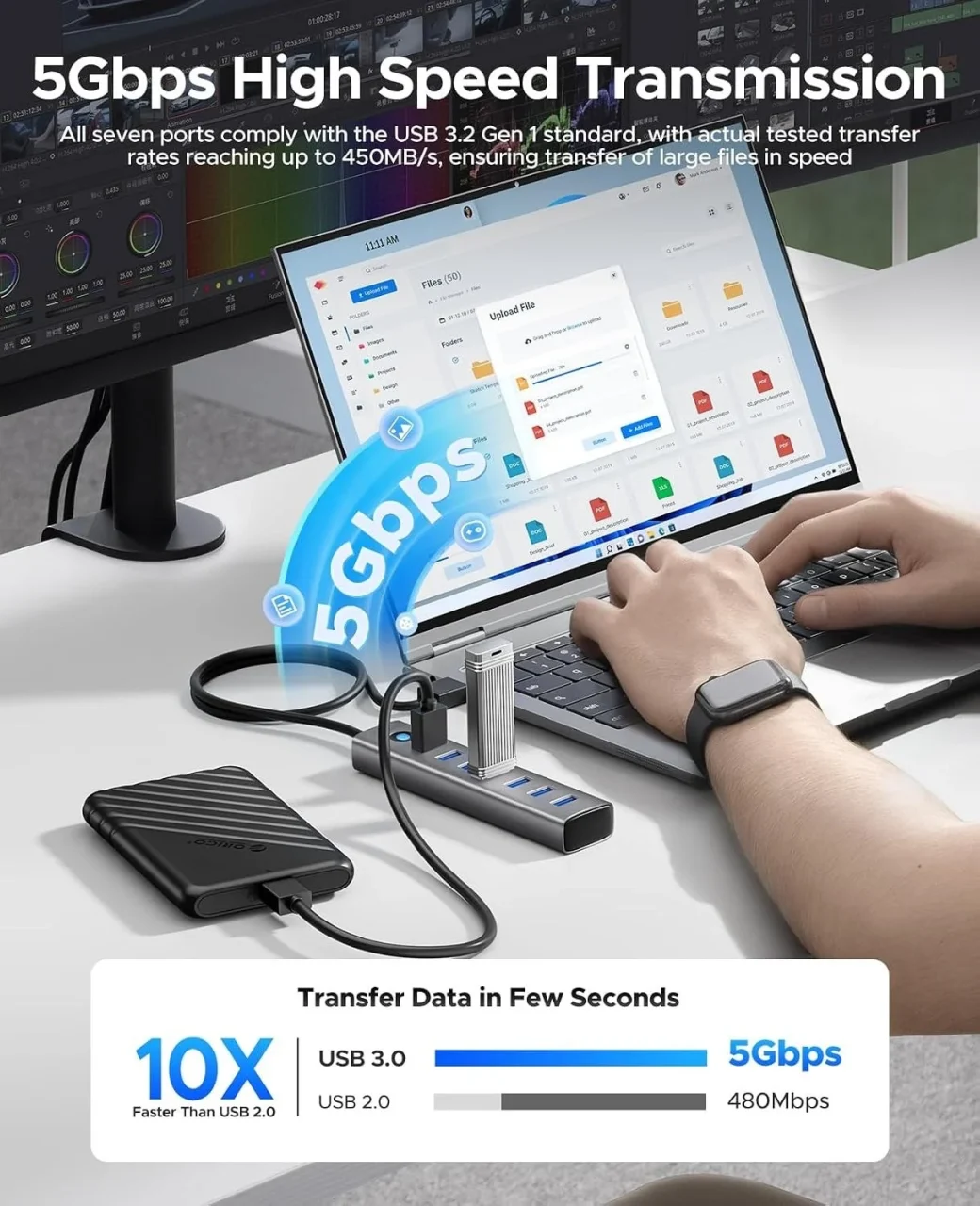 7ポートUSB 3.0ハブをノートPCに接続し5Gbps高速転送を示す画像