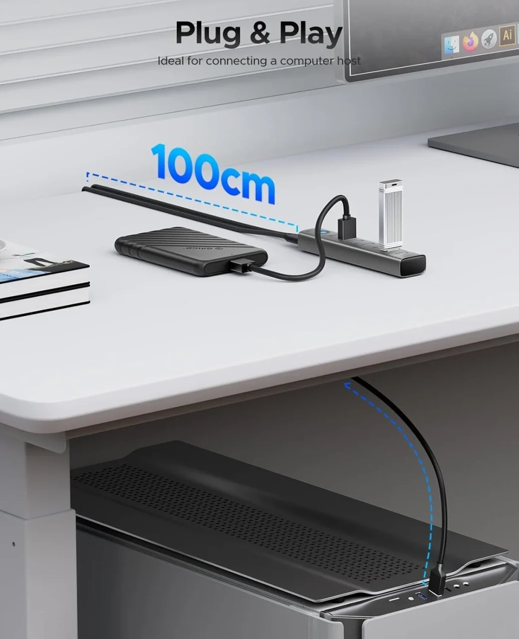 デスク上で外付けドライブとUSBメモリを接続した7ポートUSB 3.0ハブ