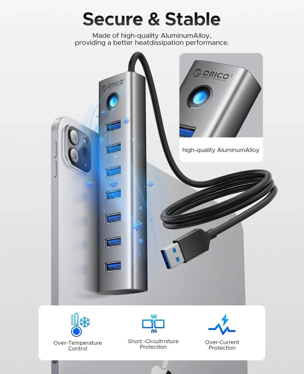 アルミニウム合金製の7ポートUSB 3.0ハブ、ケーブル付きで保護機能を表示