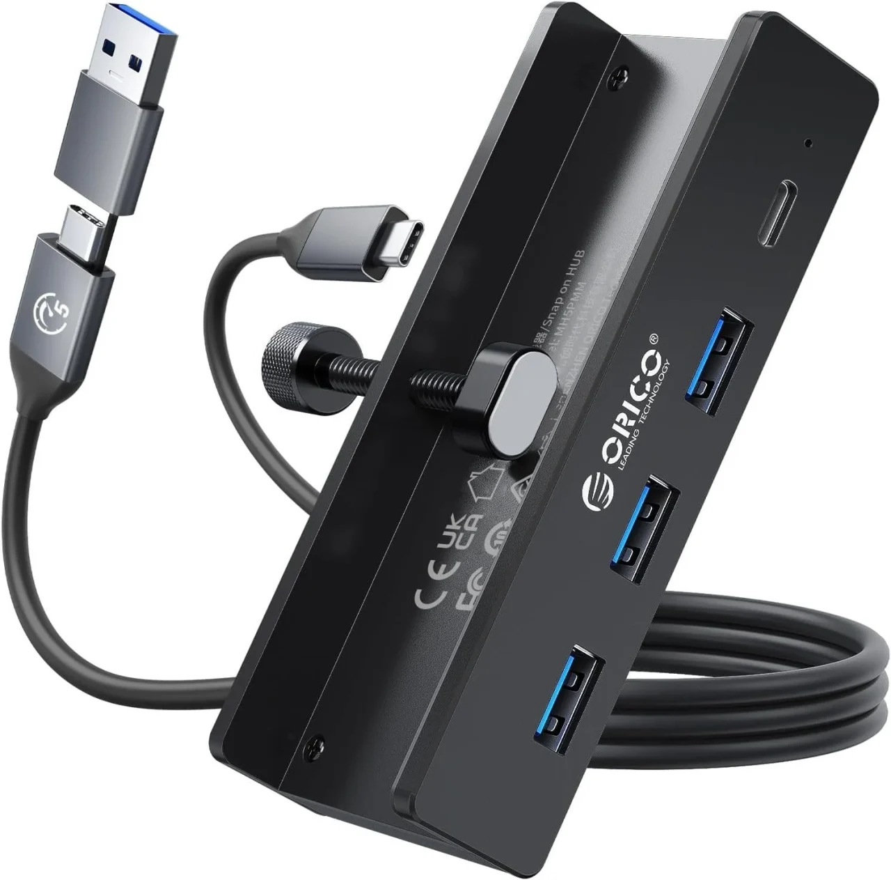 ORICOのクランプ固定式5-in-1 USB-Cハブ。黒い本体とケーブル付き