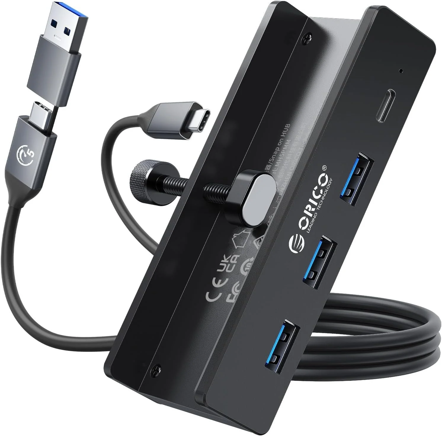 ORICOのクランプ固定式5-in-1 USB-Cハブ。黒い本体とケーブル付き