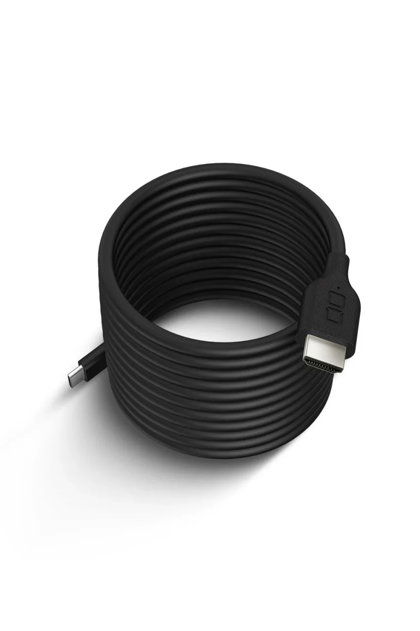 スパイラルシリコンケーブル C to HDMI 2m、黒い束ねたケーブル
