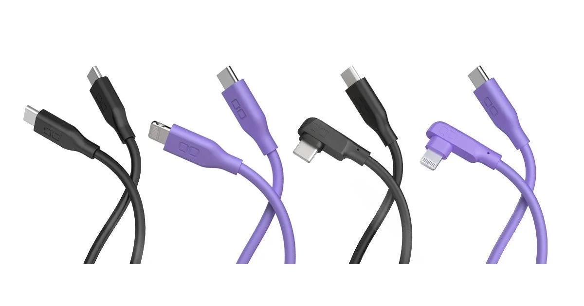 シリコンケーブル 黒と紫のUSB-C・Lightning、ストレートとL字端子
