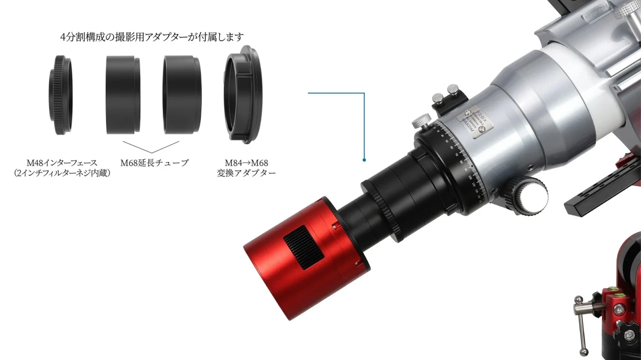 4分割構成の撮影用アダプターと、望遠鏡後端にカメラを装着した例