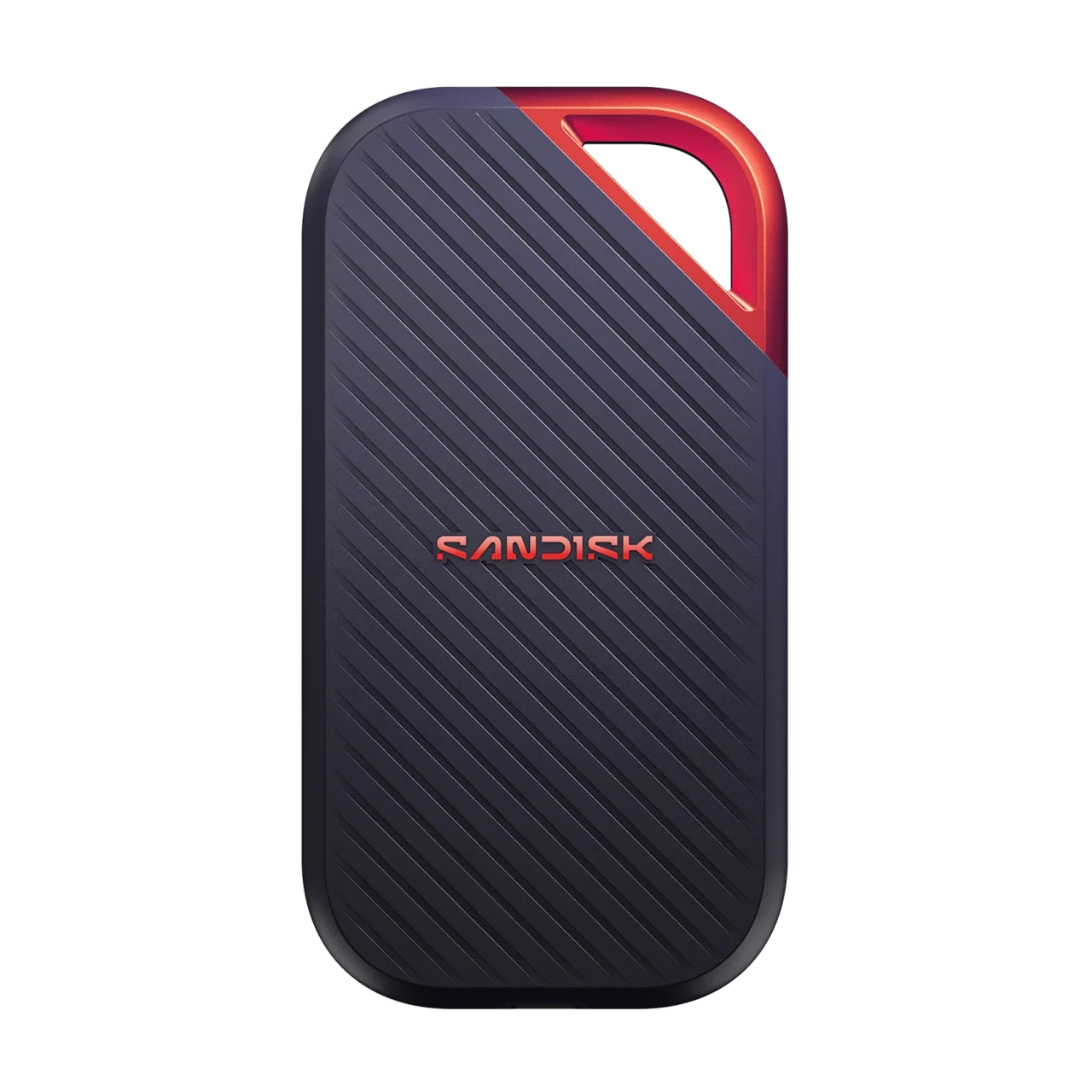 SANDISK Extreme PRO® Portable SSD。黒い縞模様の本体と赤いループ