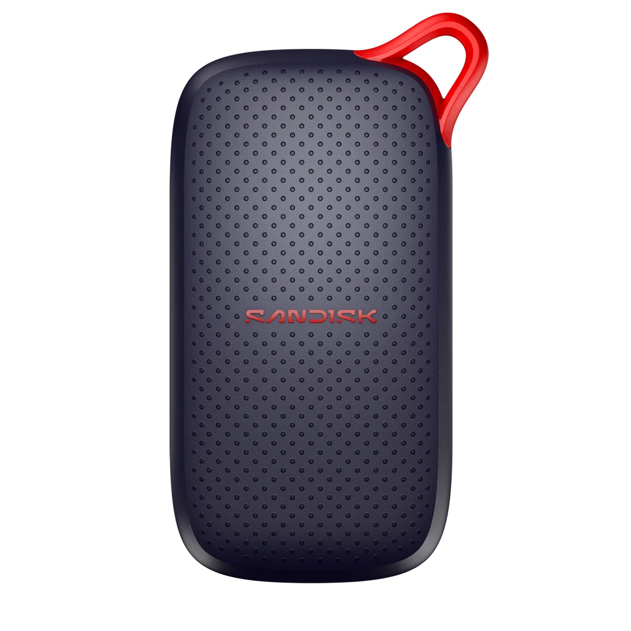 SANDISK® Portable SSD。赤いループ付きの黒っぽいドット模様の本体