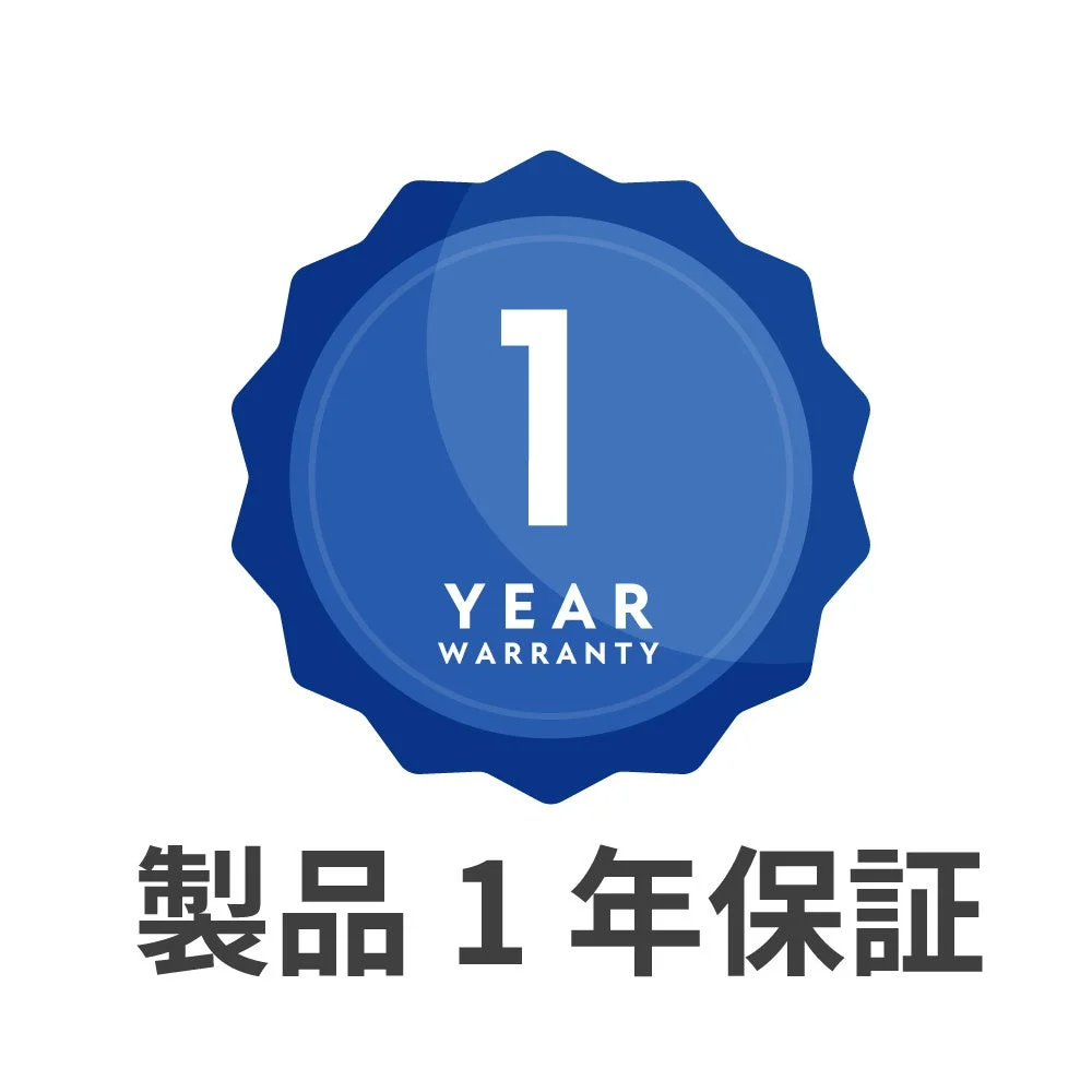 安心の1年保証を示す青いロゼット型の「1 YEAR WARRANTY」バッジ