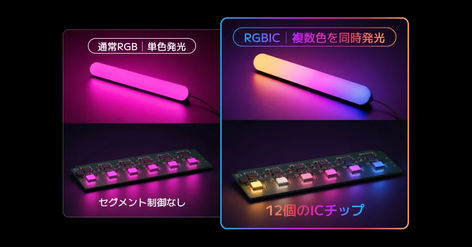 RGBICライトバーと通常RGBの比較。単色発光と複数色同時発光、ICチップ基板