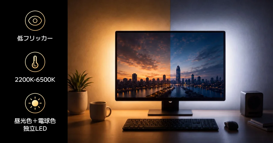 モニター背後を暖色と白色の光で照らす、2200K-6500K対応の白色LED