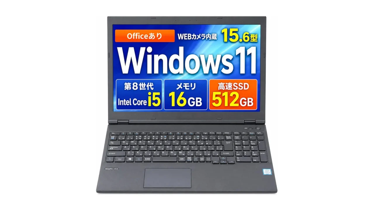 NEC 16GB／512GB の整備済みノートPC。画面にWindows 11と仕様表示