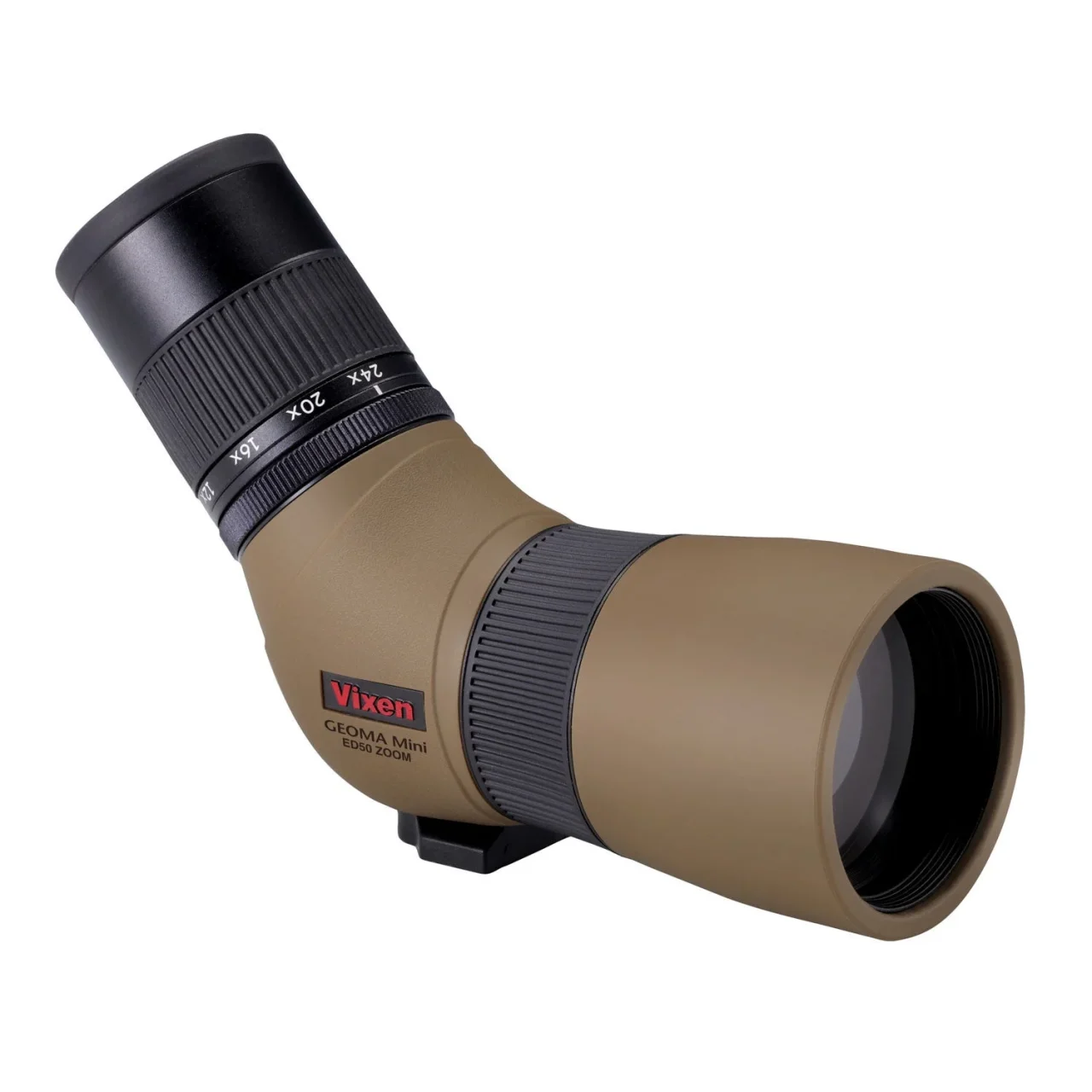 ジオマミニ ED50 ZOOM 単体。ベージュ色の45°傾斜型フィールドスコープ