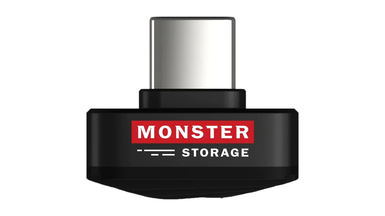 PicoGo 128GB。USB Type-C端子とMONSTER STORAGEロゴが付いた黒い本体