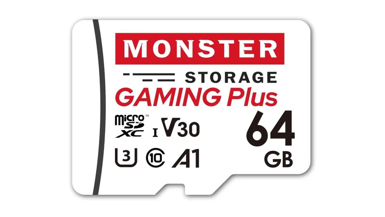 Monster Storage microSD 64GB。白地に赤いロゴのmicroSDカード