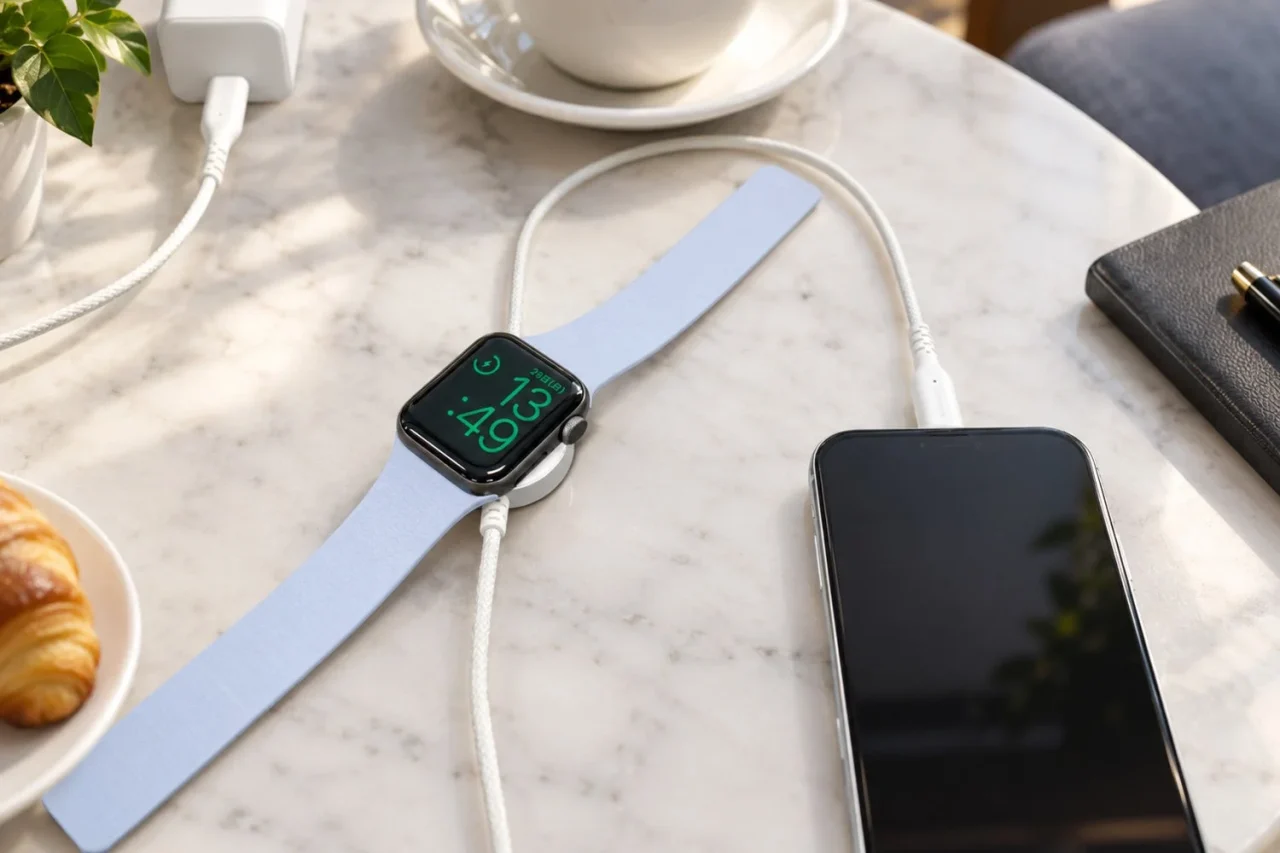OWL-MW08シリーズでApple Watchとスマートフォンを同時充電する様子