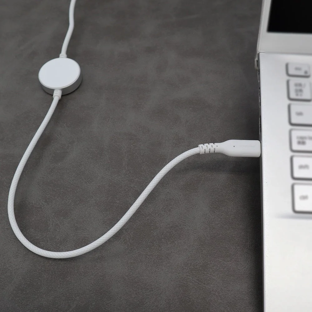 白い2in1充電ケーブルのUSB Type-C側をノートPCに接続した様子