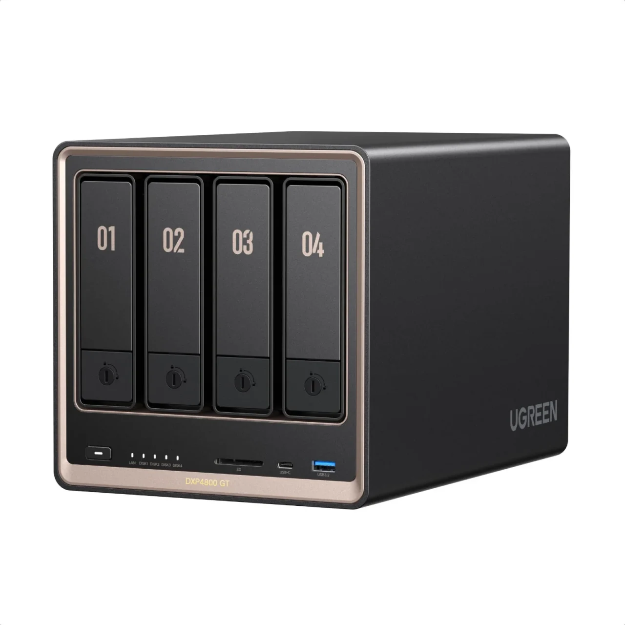 UGREEN NASync DXP4800 GT。01〜04の4ベイを備えた黒い本体