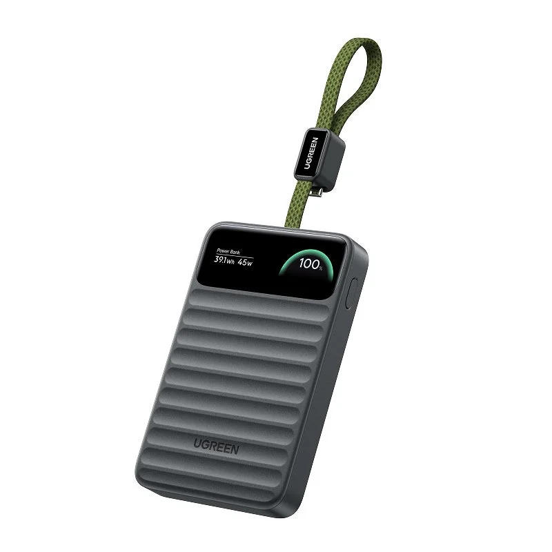 UGREEN Nexode Wavy 10000mAh モバイルバッテリー 45W、緑のストラップと残量表示