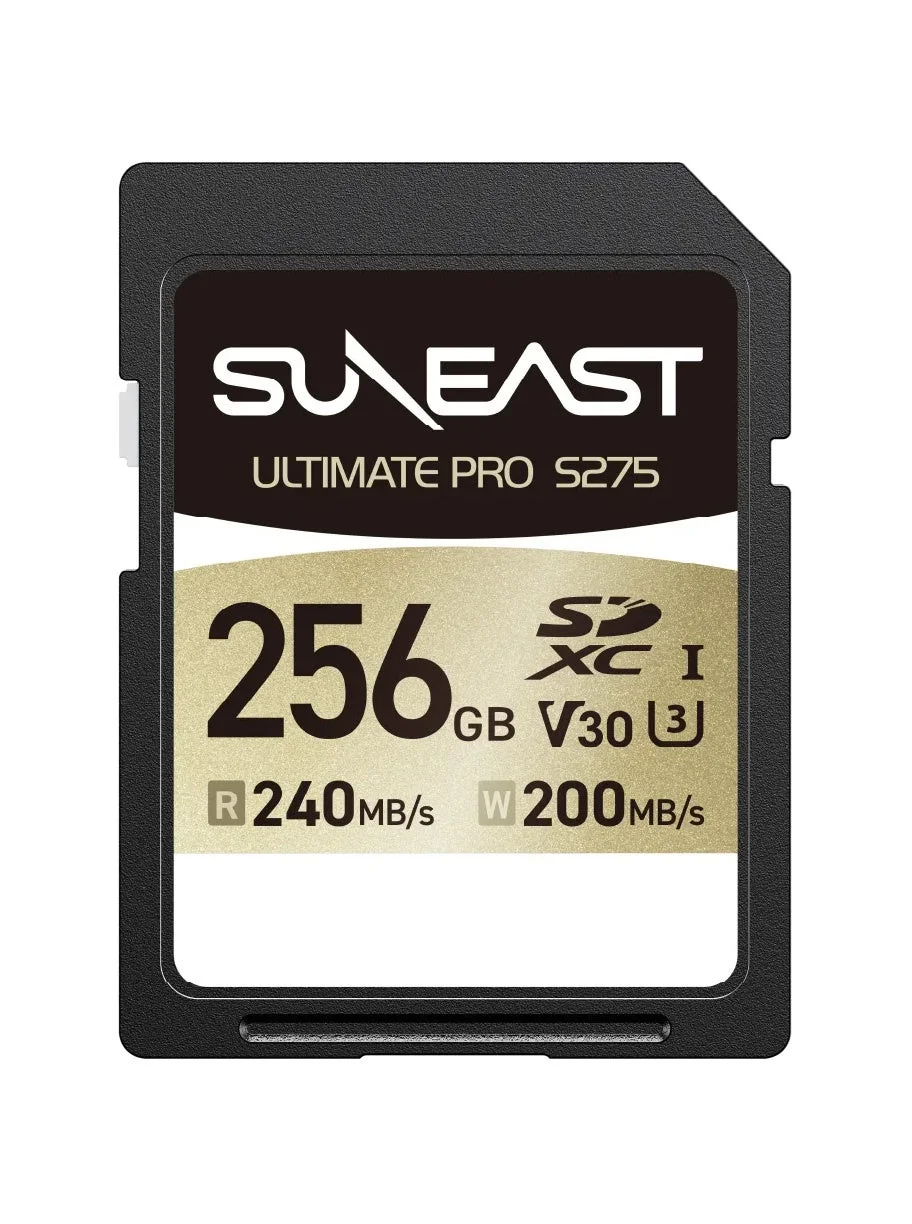 SUNEAST ULTIMATE PRO S275 GOLD Series SDXC UHS-I V30 Card 256GBの黒いSDカード