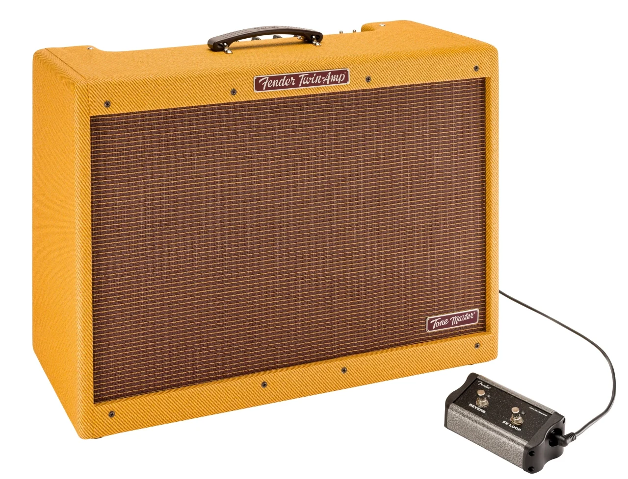 Fender Twin-Ampの銘板がある黄色いコンボアンプとフットスイッチ