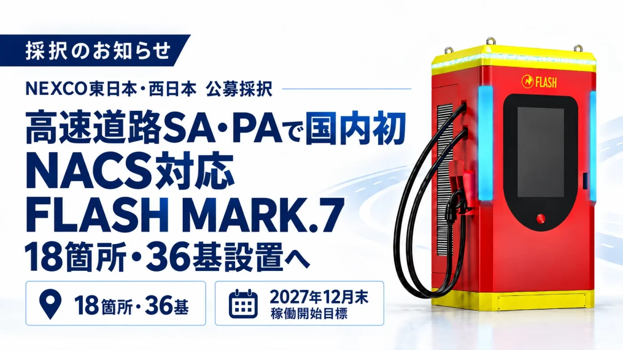 NEXCO採択告知。赤い超急速充電器FLASH MARK.7と18箇所・36基設置の案内
