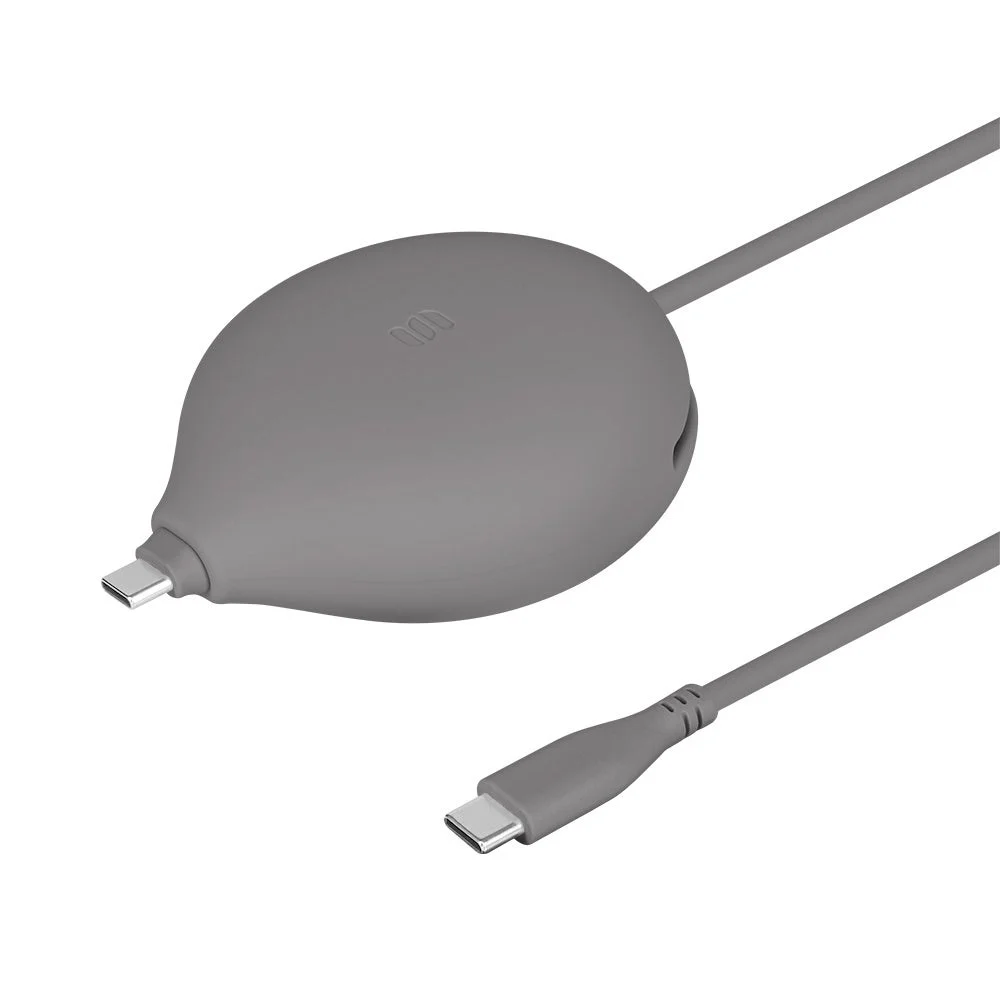 Carry Cable チャコール。ケースにケーブルを収納したグレーのシリコンケーブル
