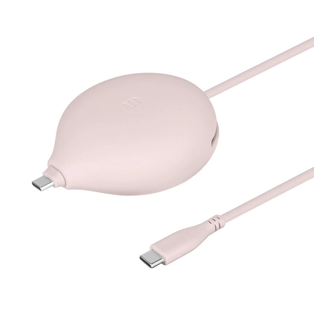 Carry Cable ピンクベージュ。丸いケースにUSB Type-Cケーブルを収納