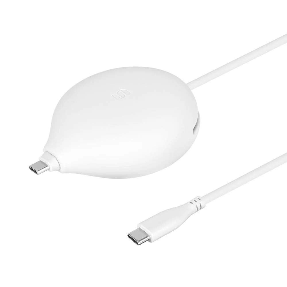 Carry Cable ホワイト。丸いケースにUSB Type-Cケーブルを収納した外観