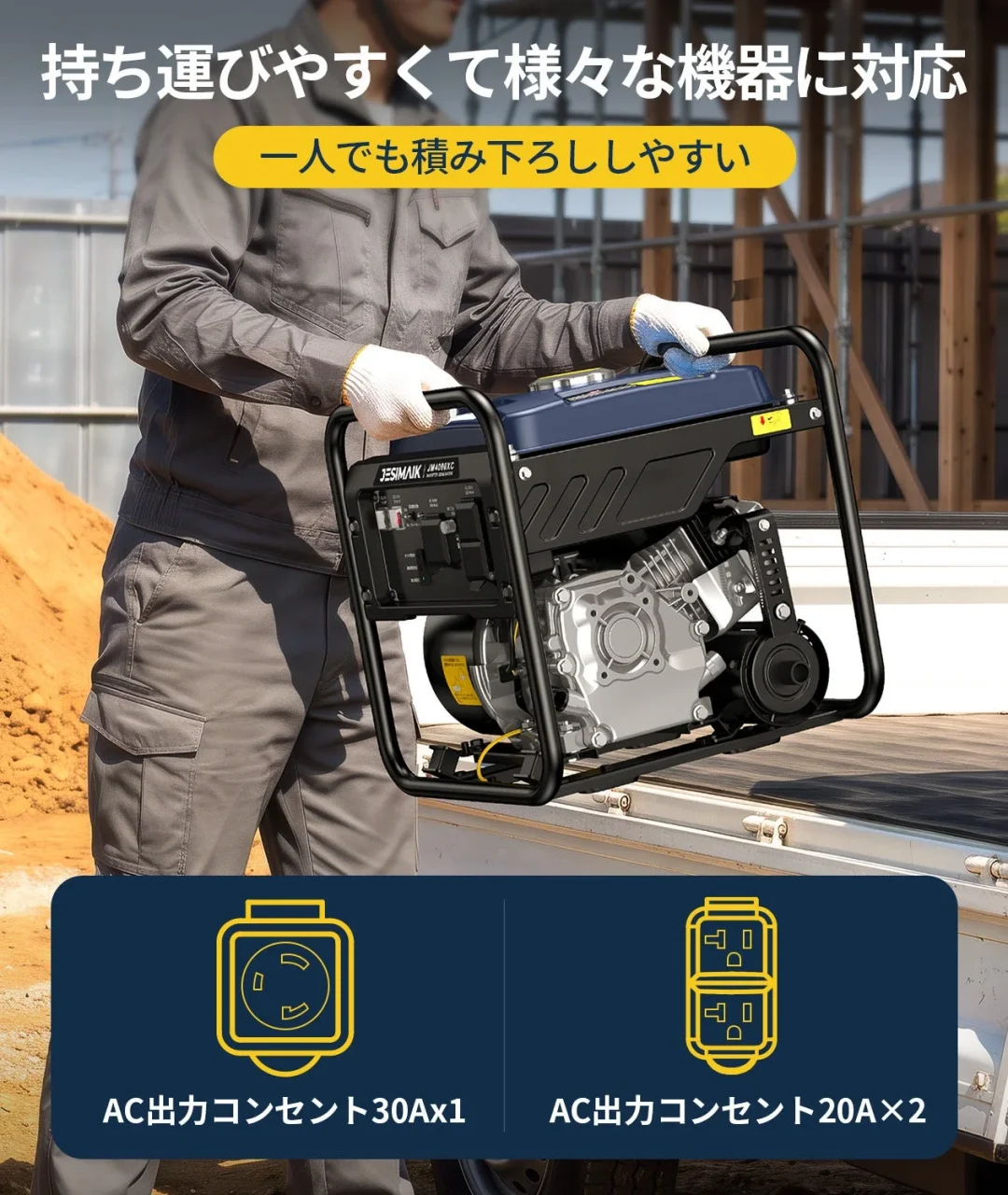 JESIMAIK 発電機JM4000XCを作業員が一人で荷台に積み下ろす様子