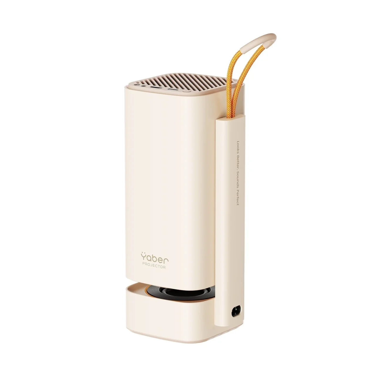Yaber T1 Pro プロジェクター。ベージュの縦型本体とオレンジのストラップ
