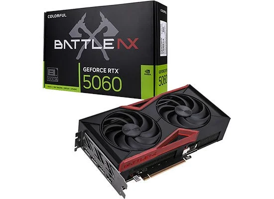 RTX 5060 Battle AX DUO 8GB-Vの製品箱とデュアルファンのグラフィックボード