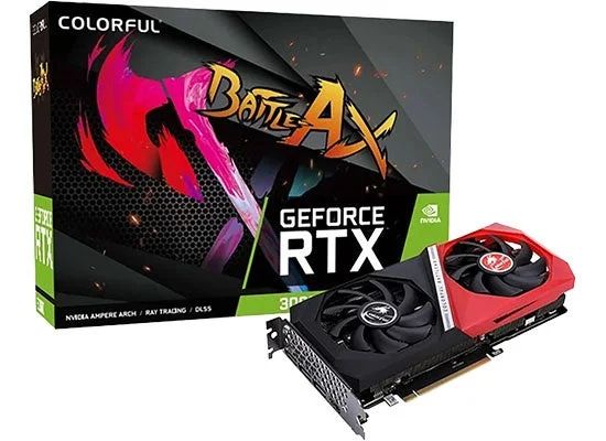 RTX 3060 Battle AX DUO 12GB-Vの外箱と赤黒のデュアルファンのグラフィックボード