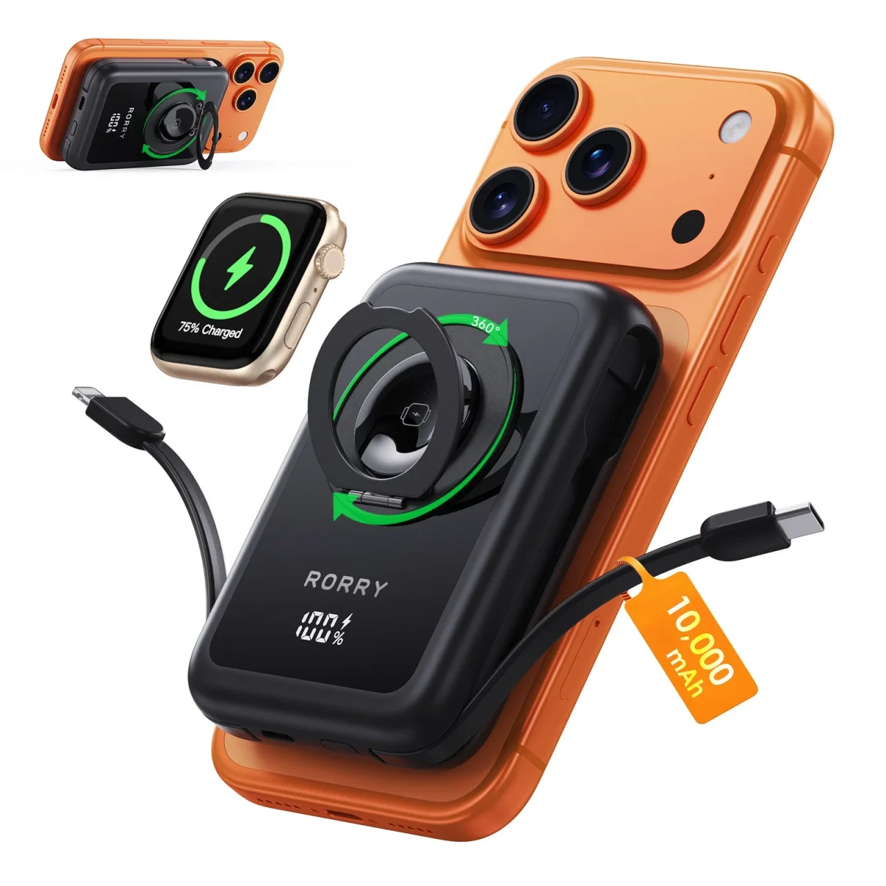 RORRY MagAir ブラック、オレンジのiPhone背面に装着