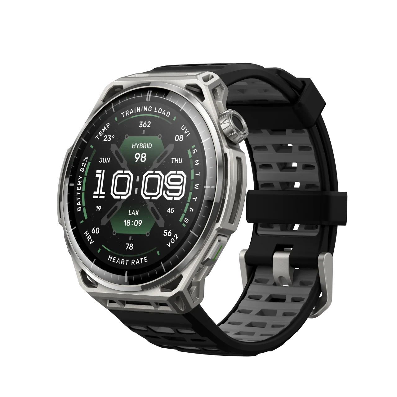 Amazfit Balance 3 ステンレススチール、銀色の筐体と黒グレーのバンド