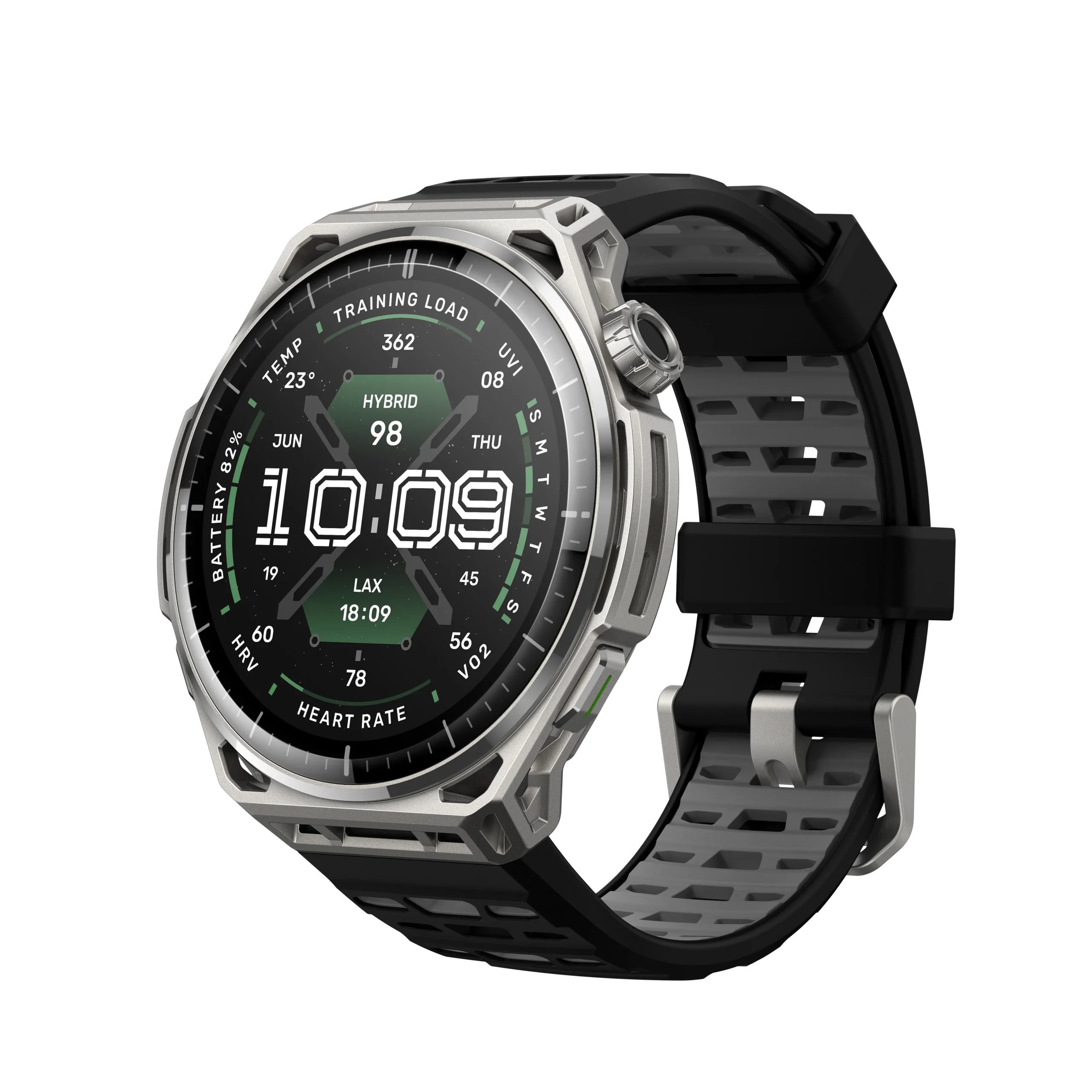Amazfit Balance 3 ステンレススチール、銀色の筐体と黒グレーのバンド