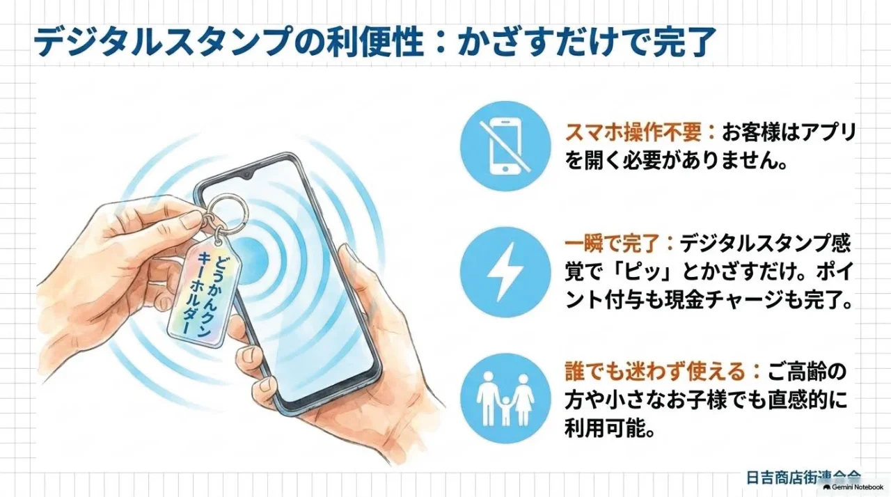 専用タグキーホルダーをスマホにかざす手元と利便性の説明図