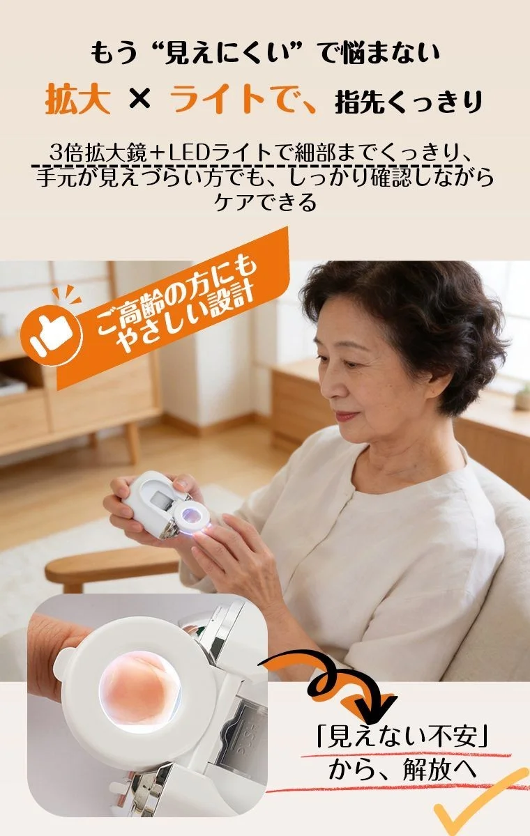 3倍拡大鏡＋LEDライトで爪先を確認する年配女性とアップ画像