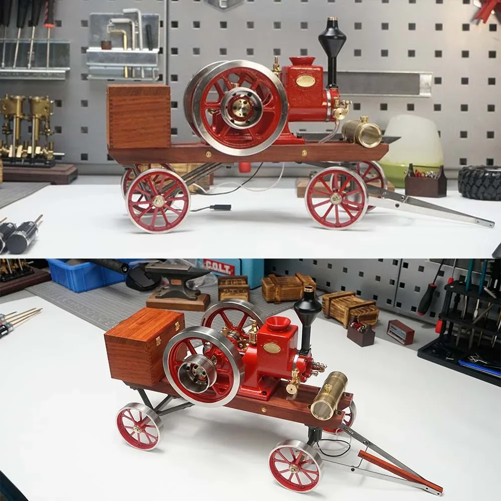 RETROL HM-01のエンジンを木製荷台の四輪カートに載せた赤い模型