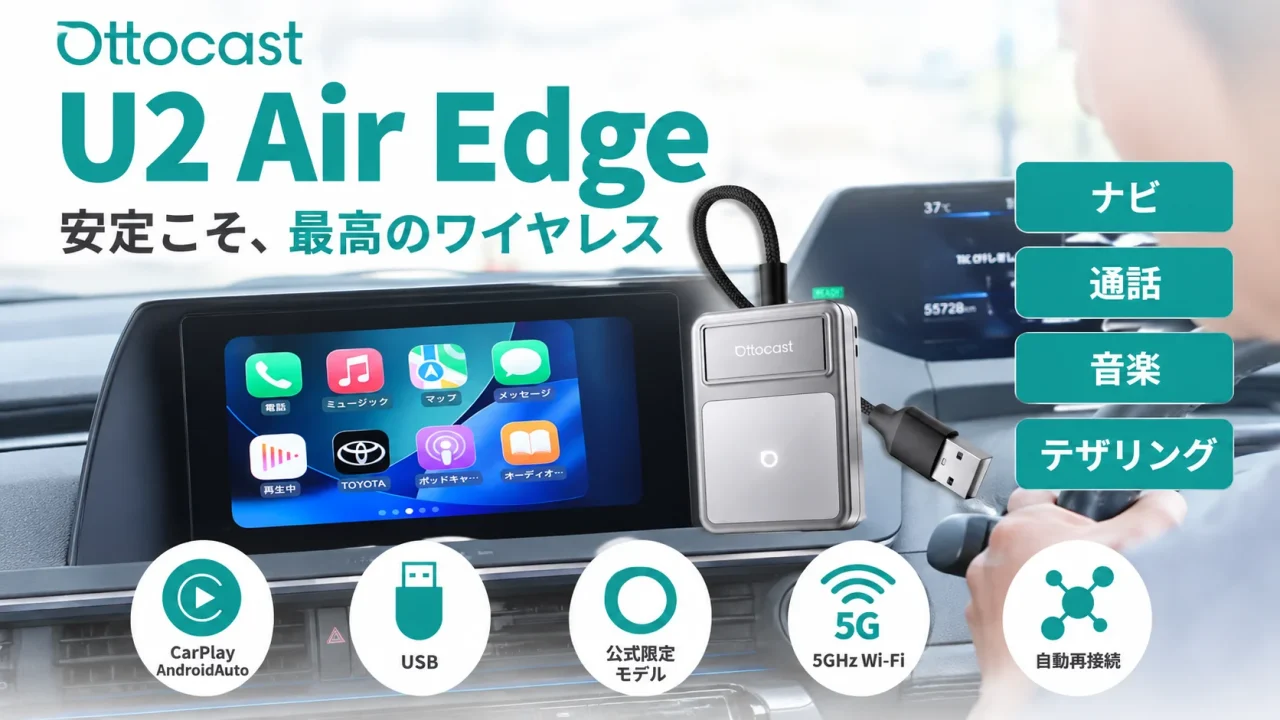 U2Air Edgeアダプターと、CarPlay画面を表示した車載ディスプレイの告知ビジュアル