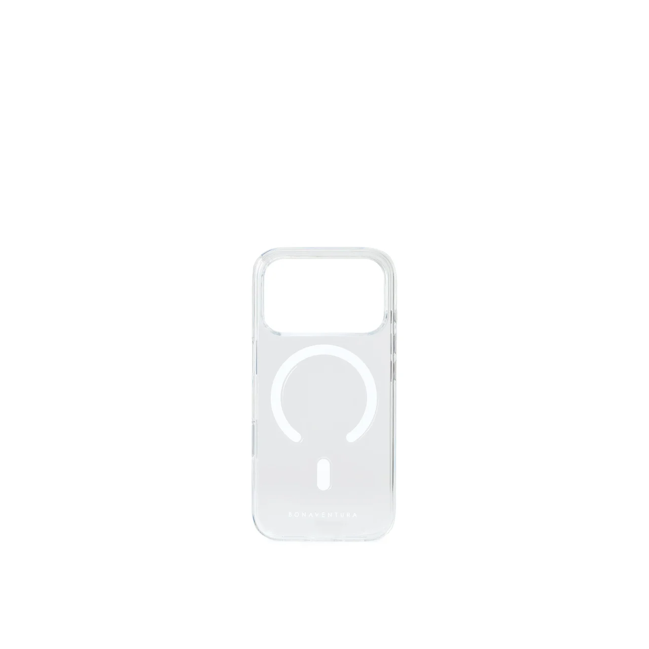 クリア バックカバーケース。白いMagSafeリングがある透明なiPhoneケース