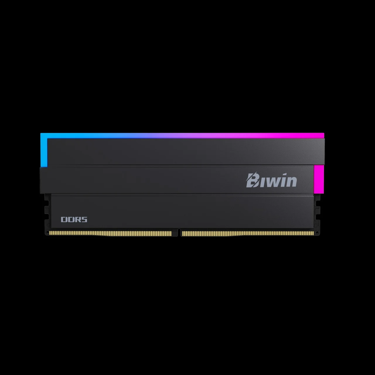 Biwin DDR5 メモリ。黒いヒートスプレッダと上部のRGBライト