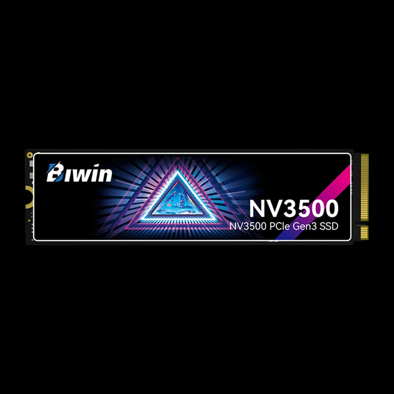 BIWIN NV3500 Gen3 NVMe SSD。黒い基板に三角形のラベル