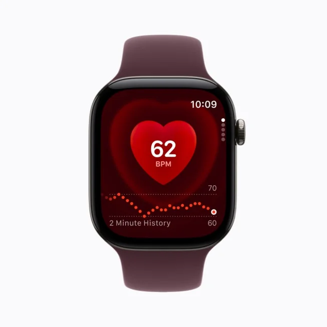 Apple Watch Series 12の心拍数画面。62BPMと2分間の履歴を表示