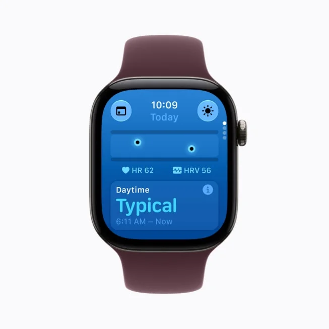 Apple Watch Series 12の日中バイタル値画面。HR 62、HRV 56、Typical表示