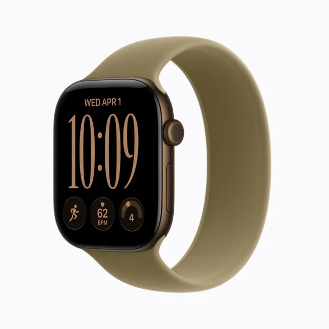 Apple Watch Series 12、ブロンズ系ケースとオリーブ色バンド、10:09表示