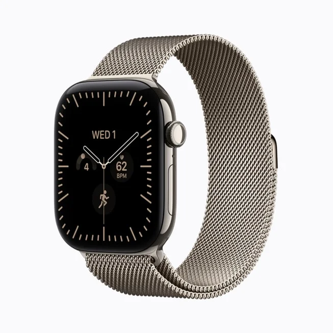 Apple Watch Series 12。メッシュ状の金属バンドと心拍数表示の文字盤