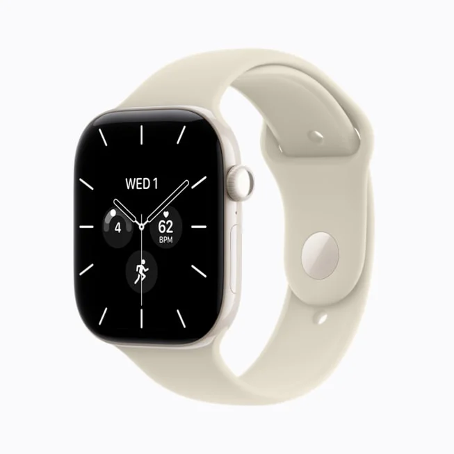 Apple Watch Series 12。クリーム色のスポーツバンドと文字盤表示