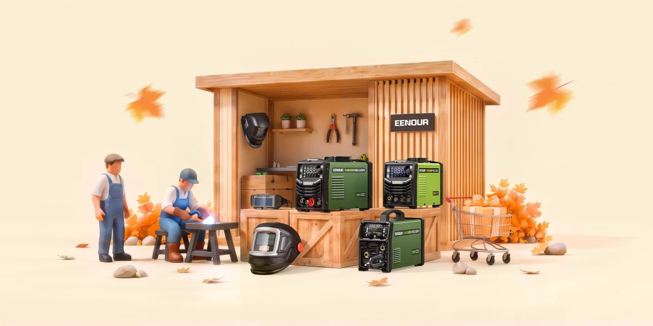 木製の小屋の前に並ぶEENOURの溶接機と溶接面、作業する人形