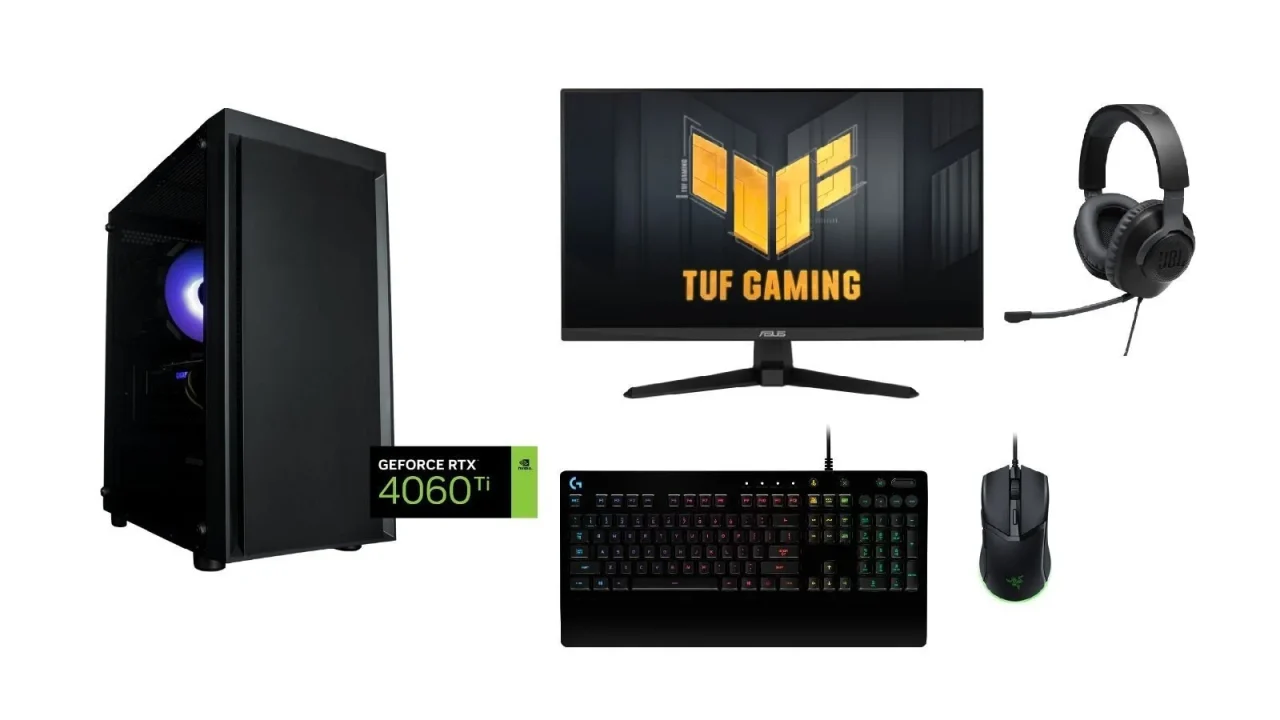 展示会・試遊台向けゲーミングPCセット。PC、TUF GAMINGモニター、キーボード、マウス、ヘッドセット