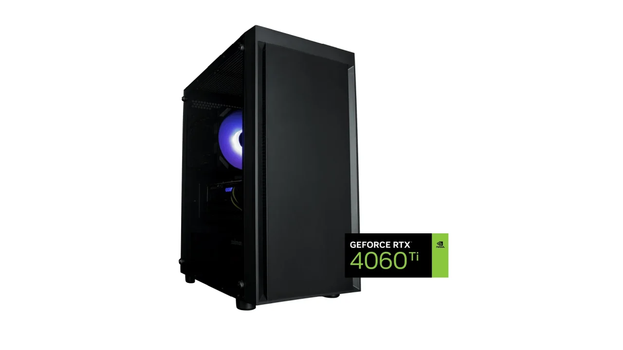 Zalman T3 PLUS RTX 4060 Ti。黒いPCケースとGEFORCE RTX 4060 Tiのバッジ