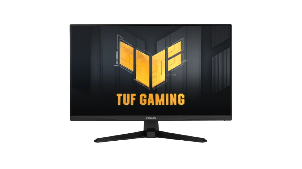 ASUS TUF Gaming VG249QM1A、画面にTUF GAMINGロゴを表示した黒いモニター